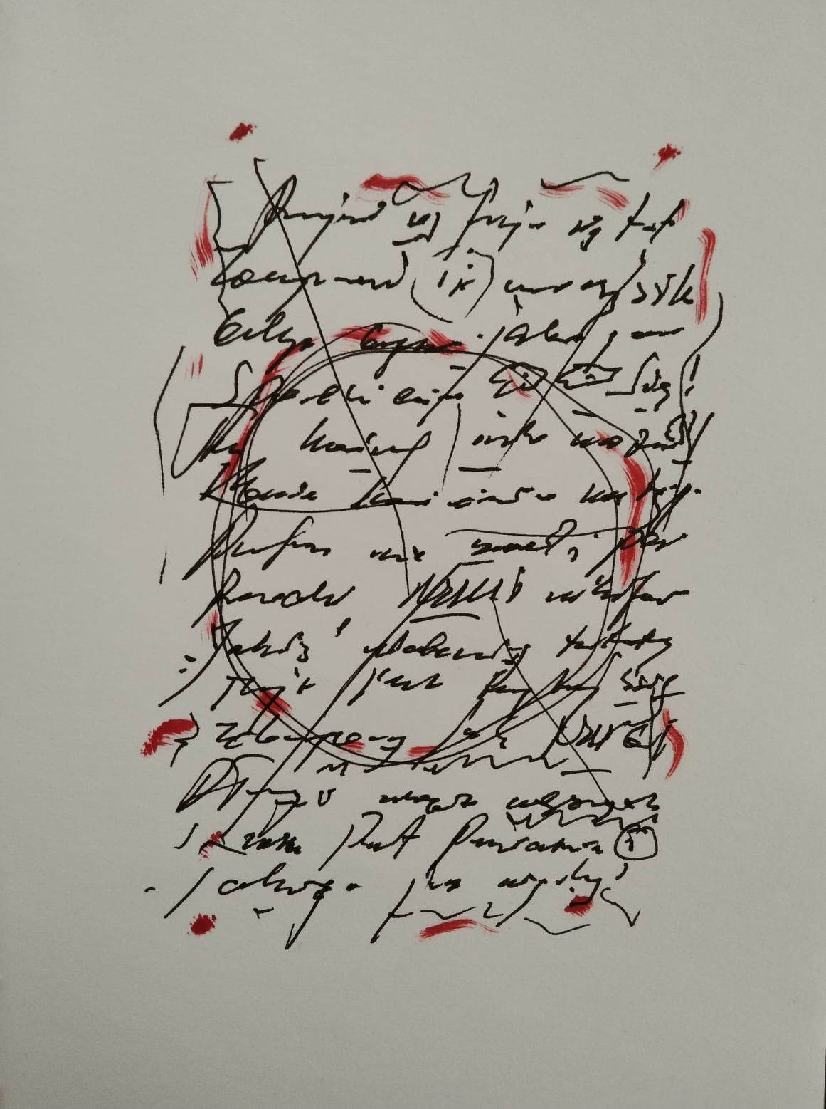 Zdjęcie przedstawia kaligrafię w kolorze czarnym i szarym oraz wzory graficzne w odcieniach czerwieni.