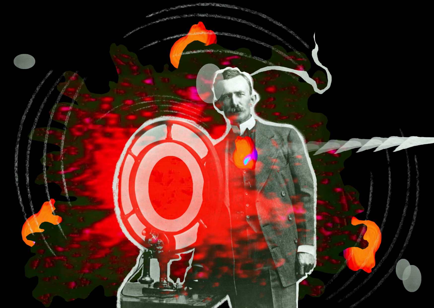 grafika ze starym zdjęciem mężczyzny, na grafice znajduje się zdjęcie Nathana B. Stubblefielda (domena publiczna) oraz został wykorzystany fragment pracy video Darka Pietraszewskiego