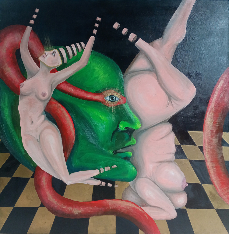 Alicja Dudzińska, Pathos of the Primary Complex, acrylic and oil on canvas (2024)