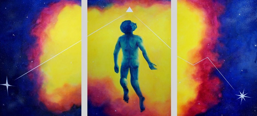 Symbol konferencji - sylwetka człowieka w wielobarwnej przestrzeni.