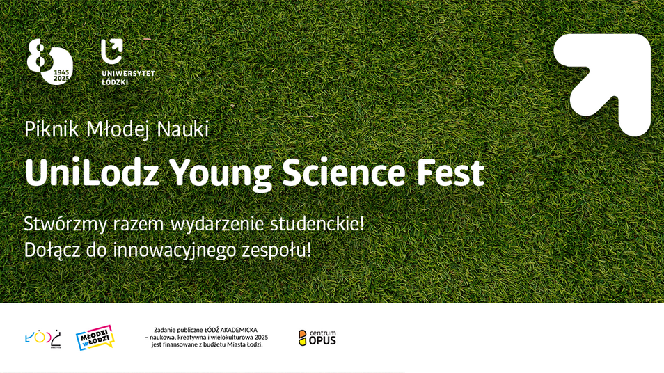 Napis: Piknik Młodej Nauki UniLodz Young Science Fest na tle zielonej trawy