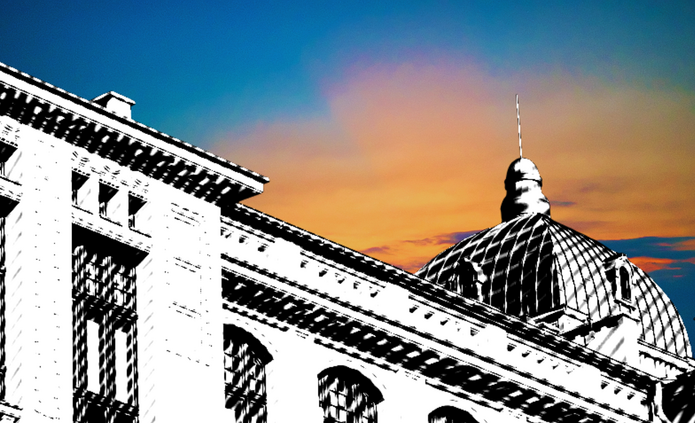 kolorowa grafika przedstrawiająca zdjęcie budynku Rektoratu Uniwersytetu Łódzkiego