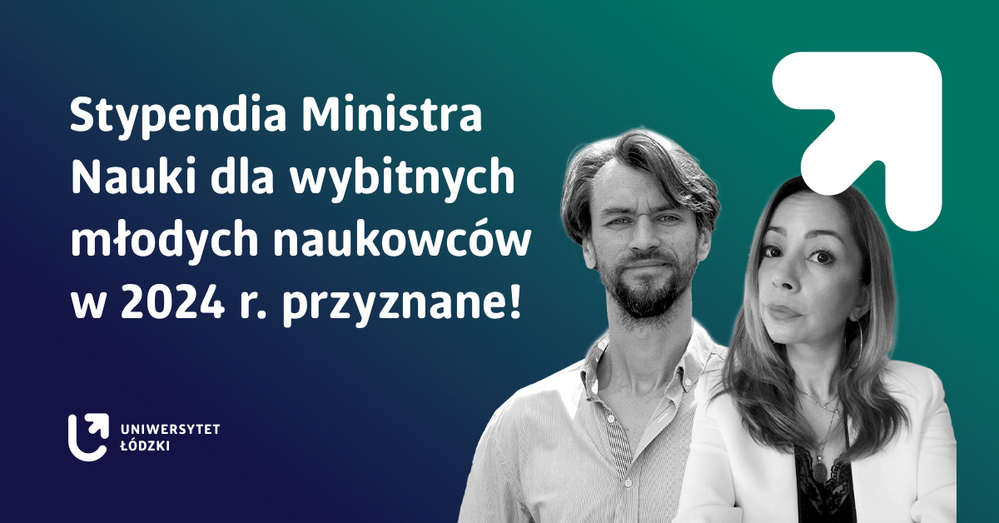 Zdjęcia portretowe dra Karola Jóźwiaka i dr Ruxandry Any oraz napis Stypendia Ministra Nauki dla wybitnych młodych naukowców w 2024 r. przyznane!
