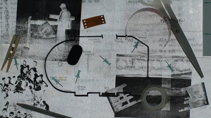 Zdjęcie przedstawia fragmenty kolaży z fotografii leżących na podświetlarce.