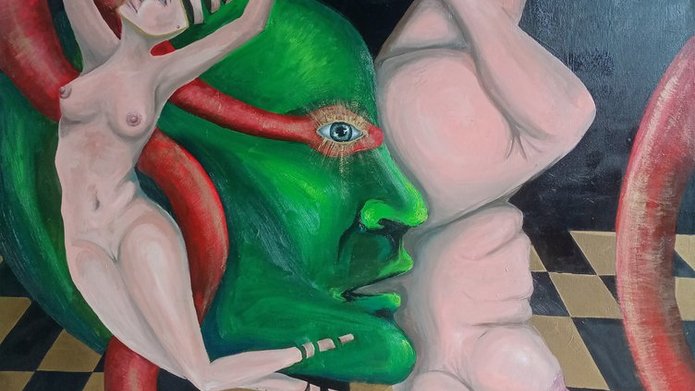 Zdjęcie obrazu malowanego techniką akrylowo-olejną na płótnie. Na zdjęciu widoczne są dwie różne kobiece sylwetki, pomiędzy nimi sporej wielkości, toksycznie zielona głowa, spleciona czerwonym wężem z ludzkim okiem na głowie. Cała kompozycja umieszczona w bliżej nieokreślonej przestrzeni ze złotymi kafelkami w kratkę na podłodze.