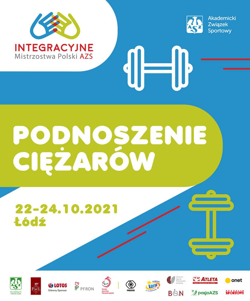 Plakat z logo organizatorow i sponsorami oraz napisem Podnoszenie ciężarów