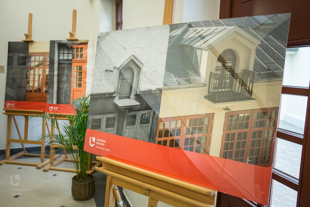 Fragment plakatu ze zdjęciem Stróżówki - budynku UŁ na ul. Skłodowskiej w Łodzi 