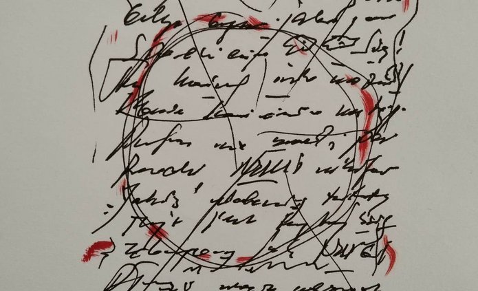 The photo shows calligraphy in black and grey and graphic patterns in shades of red