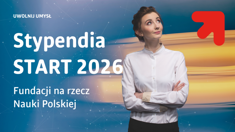 Grafika przedstawia młodą kobietę w półpostaci, ubrana w jasną koszulę, patrzącą lekko w górę i w prawo. Jej ręce są luźno skrzyżowane w talii. Na tle widoczny jest gradient kolorów — dominują odcienie niebieskiego, złota i beżu — oraz subtelne linie i punkty, które przywodzą na myśl sieć lub połączenia. W lewym górnym rogu grafiki znajduje się tekst: „Stypendia START 2026”. Cała kompozycja sugeruje atmosferę refleksji, aspiracji naukowych i nowoczesności.