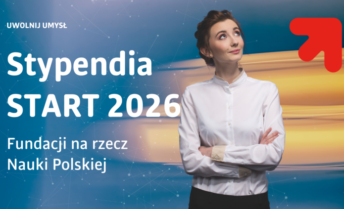 Grafika przedstawia młodą kobietę w półpostaci, ubrana w jasną koszulę, patrzącą lekko w górę i w prawo. Jej ręce są luźno skrzyżowane w talii. Na tle widoczny jest gradient kolorów — dominują odcienie niebieskiego, złota i beżu — oraz subtelne linie i punkty, które przywodzą na myśl sieć lub połączenia. W lewym górnym rogu grafiki znajduje się tekst: „Stypendia START 2026”. Cała kompozycja sugeruje atmosferę refleksji, aspiracji naukowych i nowoczesności.