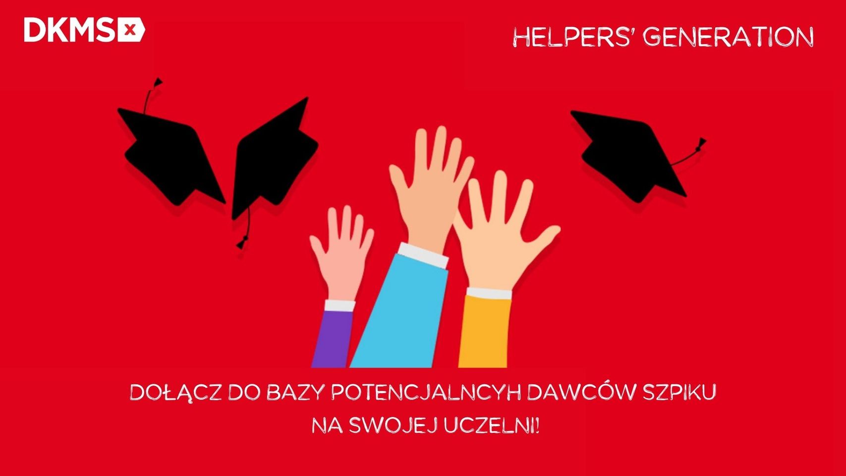 Grafika promująca akcję - 3 wyciągnięte do góry ręce i birety uniwersyteckie na czerwonym tle