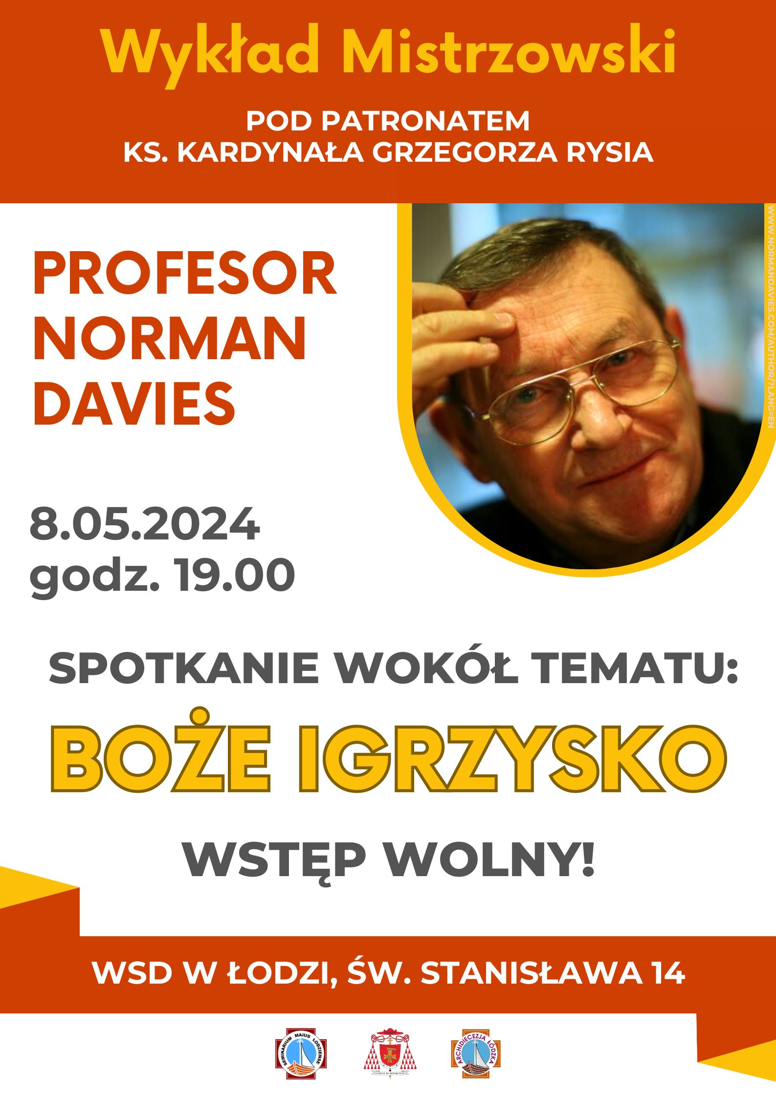 Plakat zapraszający na spotkanie z Normanem Daviesem