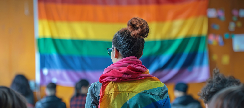 Osoba z tęczową flagą na ramionach widziana od tyłu na tle tęczowej flagi