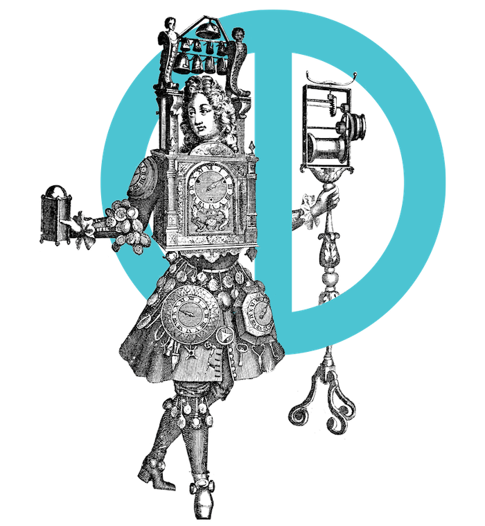 Obrazek jest rysunkiem, który przedstawia postać stylizowaną na epokę baroku, zamkniętą wewnątrz zegara. Wyraz twarzy postaci jest pogodny, postać jest zainteresowana tym, co ma na sobie. Trzyma w dłoni zegar, a w drugiej dłoni jakąś dziwną konstrukcję.