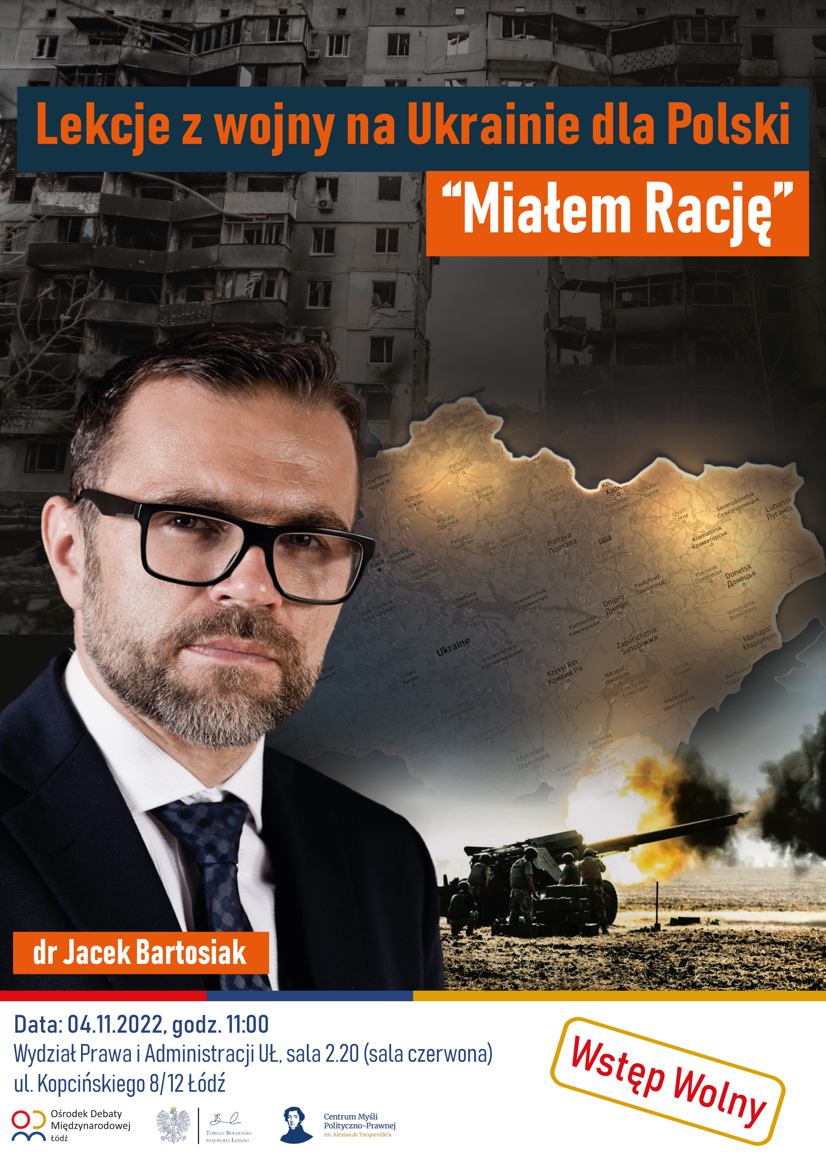 Dr Jacek Bartosiak, w tle mapa Ukrainy i działo przeciwlotnicze. 
