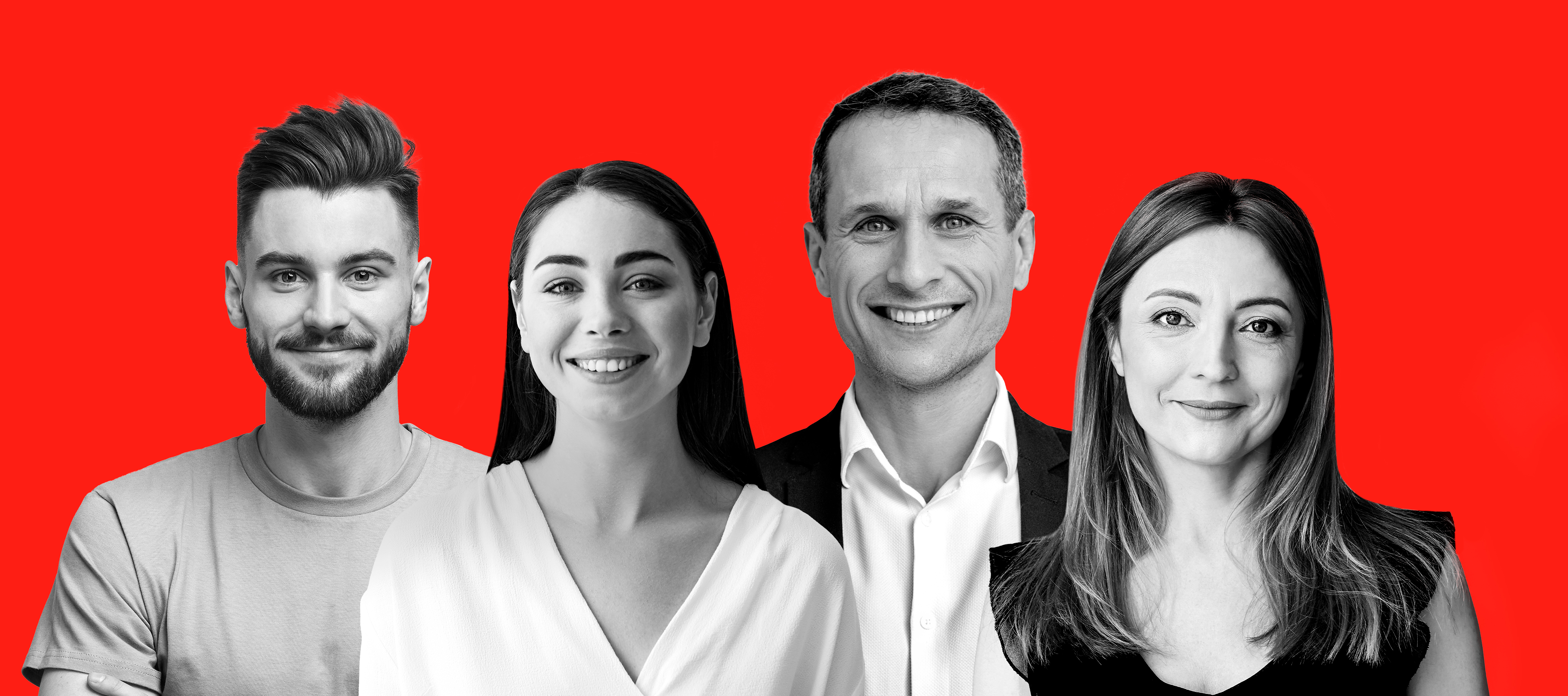 Kobieta i mężczyzna (mentor i mentee w projekcie Mentoring VIP) na czerwonym tle.